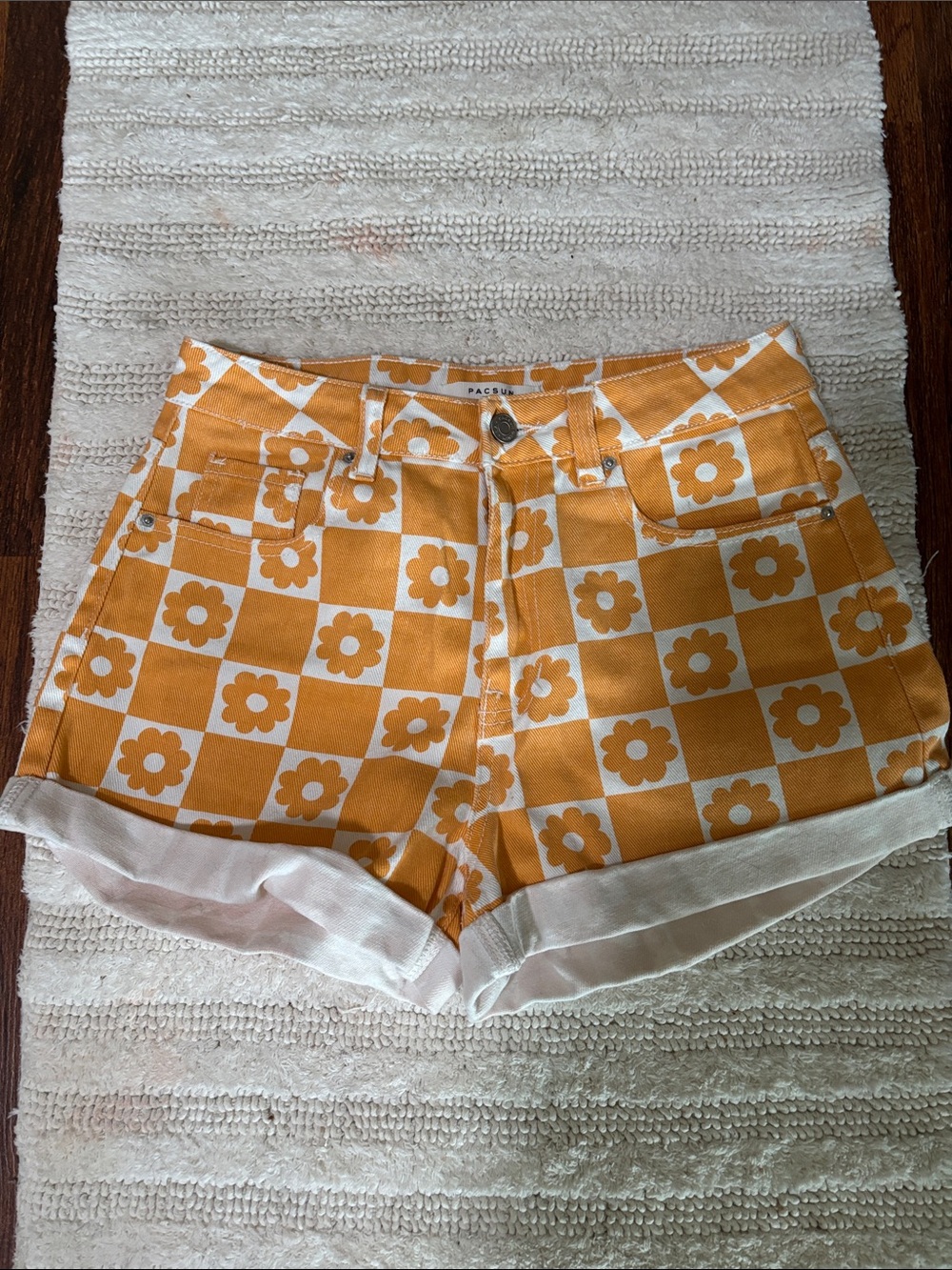 PacSun Orange & White Checker Daisy High-Rise Jean Shorts